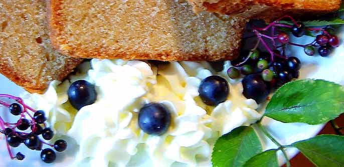 Stillleben aus Sandkuchen, Sahnetupfern und Holunderbeeren!